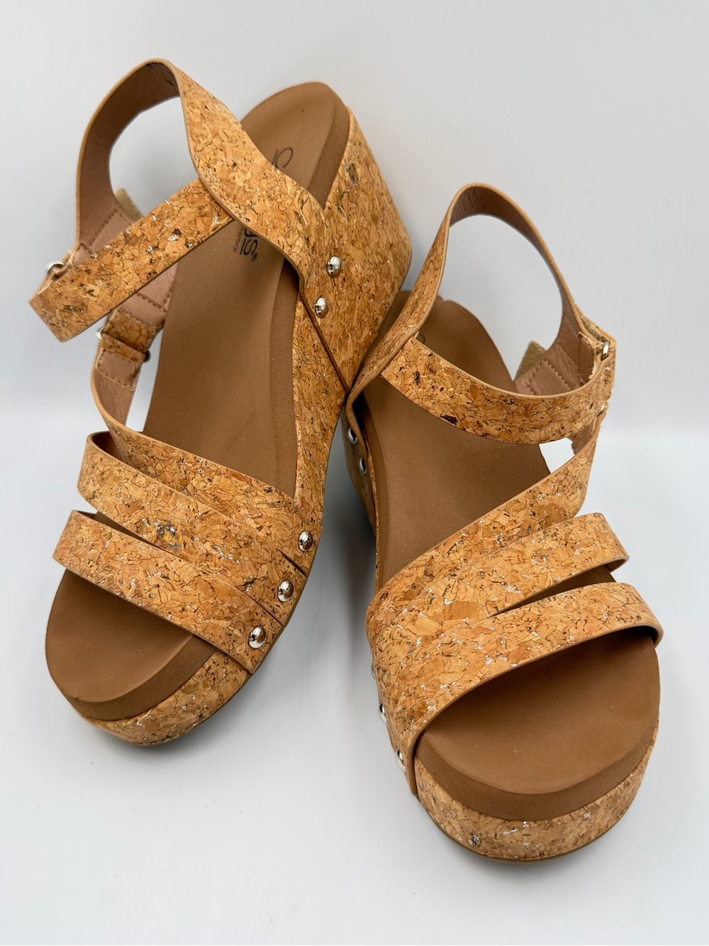 Corkys Giggle Wedge Platform Womens 9 Strappy Cork Glitter Memory Foam Sparkle